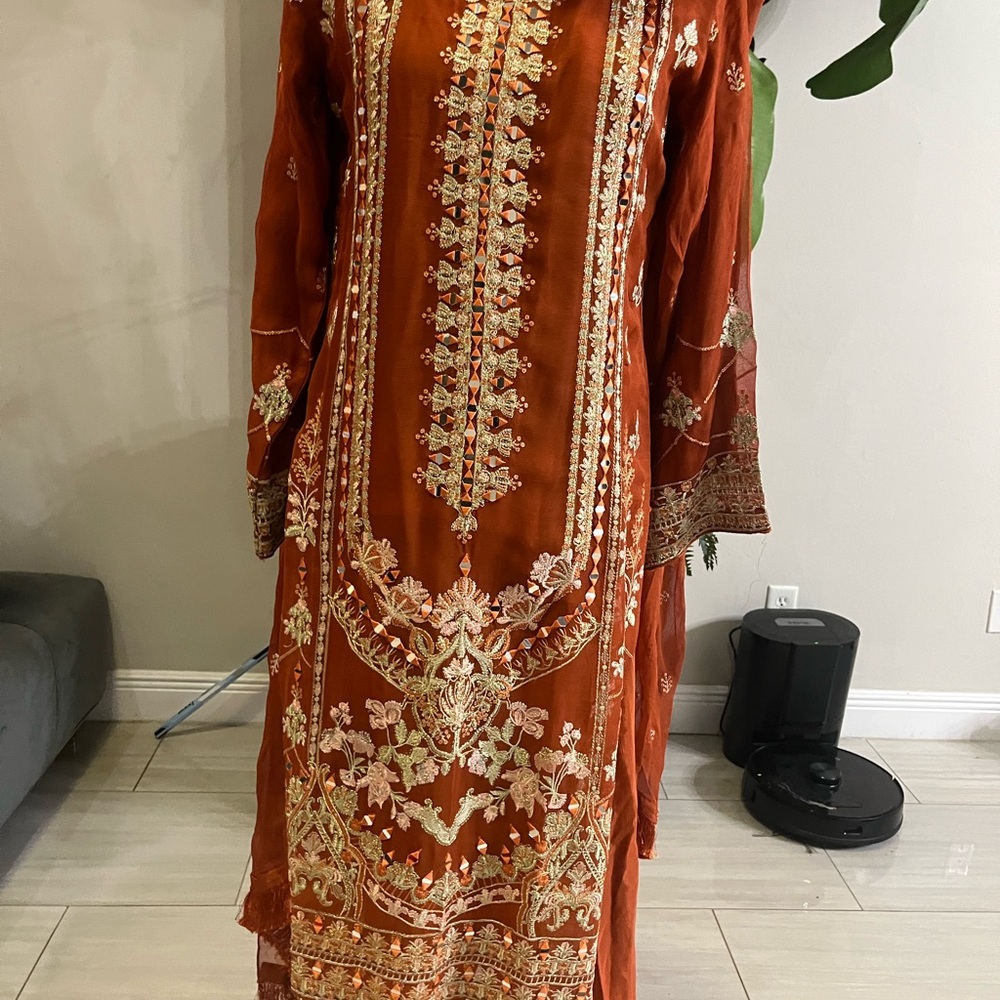 Orange chifon salwar kamis never worn with design ans beautiful stone work